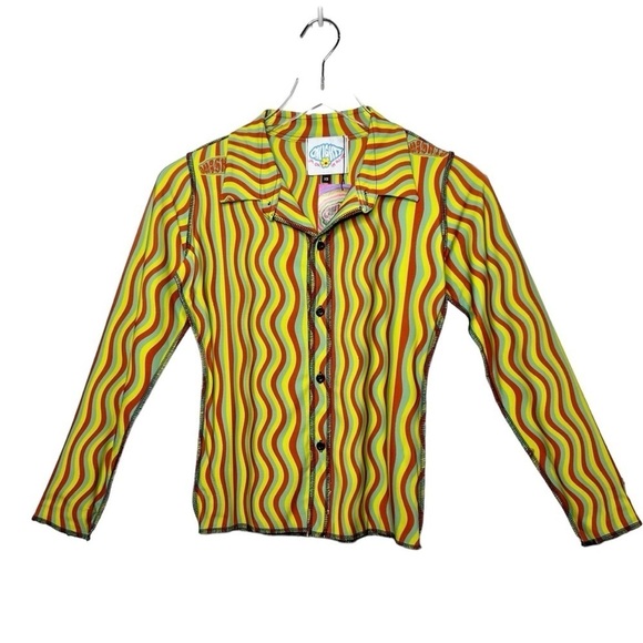 OMighty Dolls Kill The Squiggly Rainbow Button Front Women’s Stretch Shirt Sz XS - Picture 2 of 11